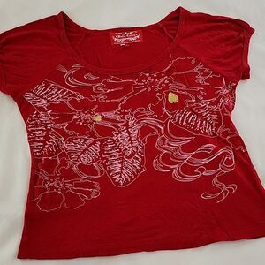 Bella Carra Embroidered Red Short Sleeve T-Shirt Size Large scoop neck‎ 90's Vtg